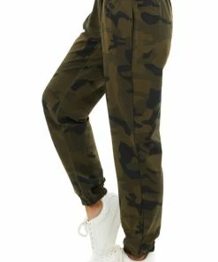 Umgee Olive Camo Print Elastic Cuff Sweatpants With Pockets Bottoms