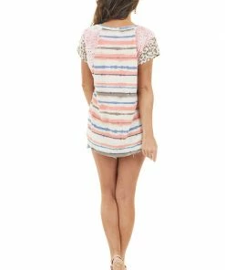 7th Ray Multicolor And Multiprint Short Sleeve Knit Top Tops