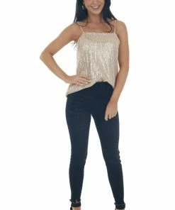 143 Story Tops Nude Sequin Square Neck Adjustable Strap Tank