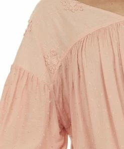 Ces Femme Peach V Neck Top With Floral Embroidery And Swiss Dots