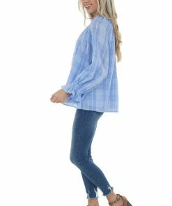 Entro Tops Cornflower Plaid Long Sleeve Peasant Blouse