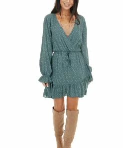 Peach Love Dresses Pine Green Floral Print Long Sleeve Dress With Ruffle Detail 32 Peach Love Dresses Pine Green Floral Print Long Sleeve Dress With Ruffle Detail