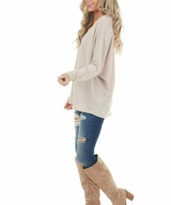 HOPELY Heathered Oatmeal V Neck Knit Top With Long Dolman Sleeves Tops