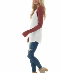 Lovely Melody Brick And Ivory Long Sleeve Top With X Stitch Detail Tops 17 Lovely Melody Brick And Ivory Long Sleeve Top With X Stitch Detail Tops