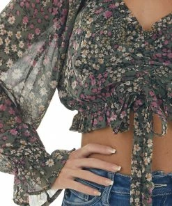 Illa Illa Deep Juniper Floral Off Shoulder Cropped Top Tops