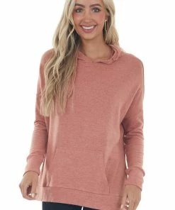 ANGIE Heathered Coral Kangaroo Pouch Knit Hoodie 23 ANGIE Heathered Coral Kangaroo Pouch Knit Hoodie