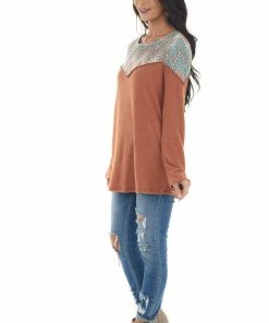 Lovely Melody Sandstone Brushed Knit Top With Printed Yoke