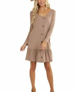FSL APPAREL Mocha Ruffle Hem Dress With Buttons And Pockets Dresses 30 FSL APPAREL Mocha Ruffle Hem Dress With Buttons And Pockets Dresses