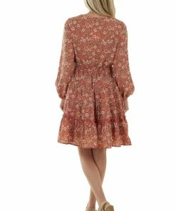 Hayden Dresses Salmon Floral Puff Sleeve Tiered Blouson Dress
