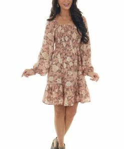 Blu Pepper Salmon Floral Print Smocked Short Dress Dresses