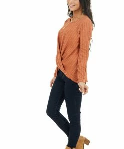 Les Amis Rust Long Sleeve Ribbed Top With Twisted Hem Detail