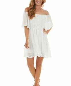 Peach Love Dresses Pearl Off Shoulder Swiss Dot Woven Short Dress