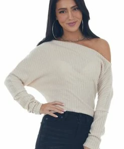 Peach Love Cream Off Shoulder Glitter Ribbed Knit Top Tops