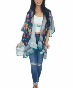 Umgee Tops Navy Floral Short Sleeve Open Front Kimono