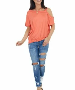 Ninexis Tops Bright Coral Knit Tunic Top With Single Cold Shoulder