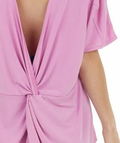 ROKOKO Tops Pink Short Sleeve Soft Knit Top With Open Back Twist