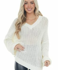 Fantastic Fawn Cream V Neck Long Sleeve Ribbed Knit Sweater