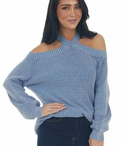 BiBi Hazy Blue Mineral Washed Cold Shoulder Sweater Tops