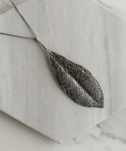 ZAD Accessories Antique Silver Long Textured Leaf Necklace