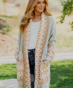 BiBi Latte Aztec Print Open Front Cardigan Tops