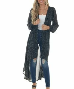 FSL APPAREL Tops Black And Cream Spotted Long Sleeve Kimono