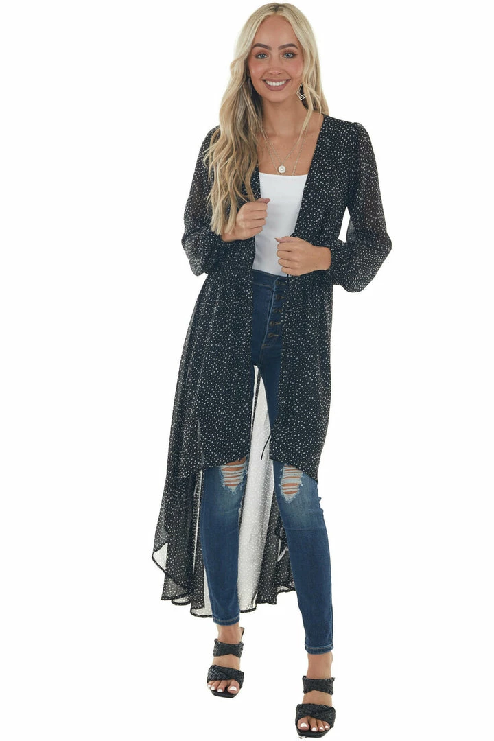 FSL APPAREL Tops Black And Cream Spotted Long Sleeve Kimono 4 FSL APPAREL Tops Black And Cream Spotted Long Sleeve Kimono