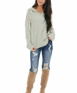 Cotton Bleu Tops Sage And Ivory Striped Long Sleeve Lightweight Hoodie
