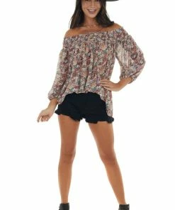 Davi & Dani Latte Floral Print Smocked Off Shoulder Blouse Tops