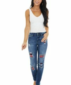 KanCan Dark Wash Mid Rise Distressed Plaid Patch Skinny Jeans Bottoms