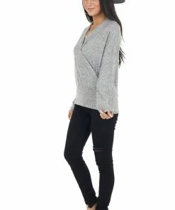 Cherish Heathered Dove Wrapped Surplice Long Sleeve Knit Top 29 Cherish Heathered Dove Wrapped Surplice Long Sleeve Knit Top