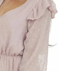 143 Story Dresses Dusty Blush Long Sleeve Ruffle Swiss Dot Dress