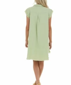 Trend Notes Dresses Sage Chambray Cap Sleeve Shirt Dress With Frayed Edges
