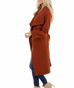 Hem & Thread Brick Red Heavy Knit Trench Coat With Waist Tie Detail Outerwear