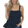 Entro Black Woven Tank Top With Ruffle Details Tops