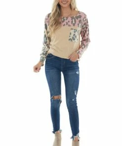 BiBi Heathered Taupe Leopard Top With Chest Pocket