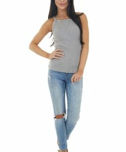 Kori America Grey Mineral Wash Ribbed Knit Tank Top With Halter Neckline Tops 29 Kori America Grey Mineral Wash Ribbed Knit Tank Top With Halter Neckline Tops
