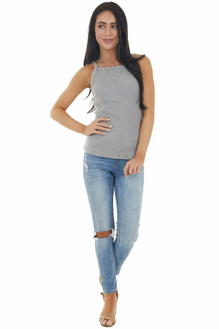 Kori America Grey Mineral Wash Ribbed Knit Tank Top With Halter Neckline Tops 14 Kori America Grey Mineral Wash Ribbed Knit Tank Top With Halter Neckline Tops