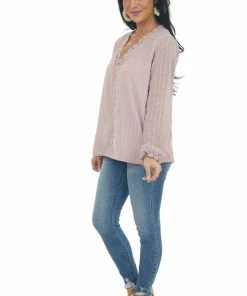 Miss Sparkling Dusty Rose Swiss Dot Blouse With Lace Details Tops