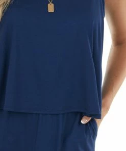 HEIMISH Deep Cobalt Sleeveless Overlaying Knit Jumpsuit With Pockets Dresses