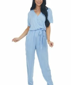 NAKED ZEBRA Dresses Powder Surplice Woven Short Sleeve Jumpsuit