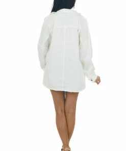 Davi & Dani Off White Fraying Button Down Shacket