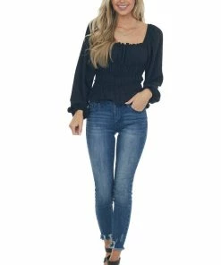 Entro Black Smocked Frill Puff Sleeve Bodysuit