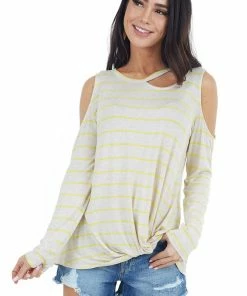 143 Story Tops Oatmeal And Lemon Striped Cold Shoulder Top With Cutout Neck