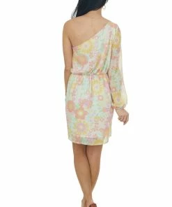 Peach Love Sky Blue Floral Print One Shoulder Mini Dress