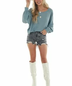 She + Sky Faded Teal Waffle Knit Puff Sleeve Loose Top
