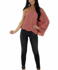 Main Strip Ginger One Shoulder Elastic Hem Flowy Blouse Tops