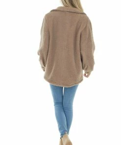 She + Sky Deep Latte Button Up Teddy Jacket With Pockets Outerwear