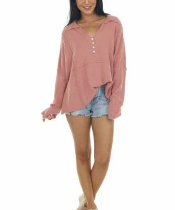 Easel Dusty Coral Collared Henley Brushed Knit Top Tops