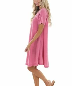 Ces Femme Heathered Hibiscus Short Swing Dress With Raw Edge Details