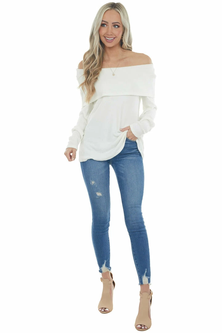 Andree Tops Ivory Folded Off Shoulder Ribbed Knit Top 12 Andree Tops Ivory Folded Off Shoulder Ribbed Knit Top